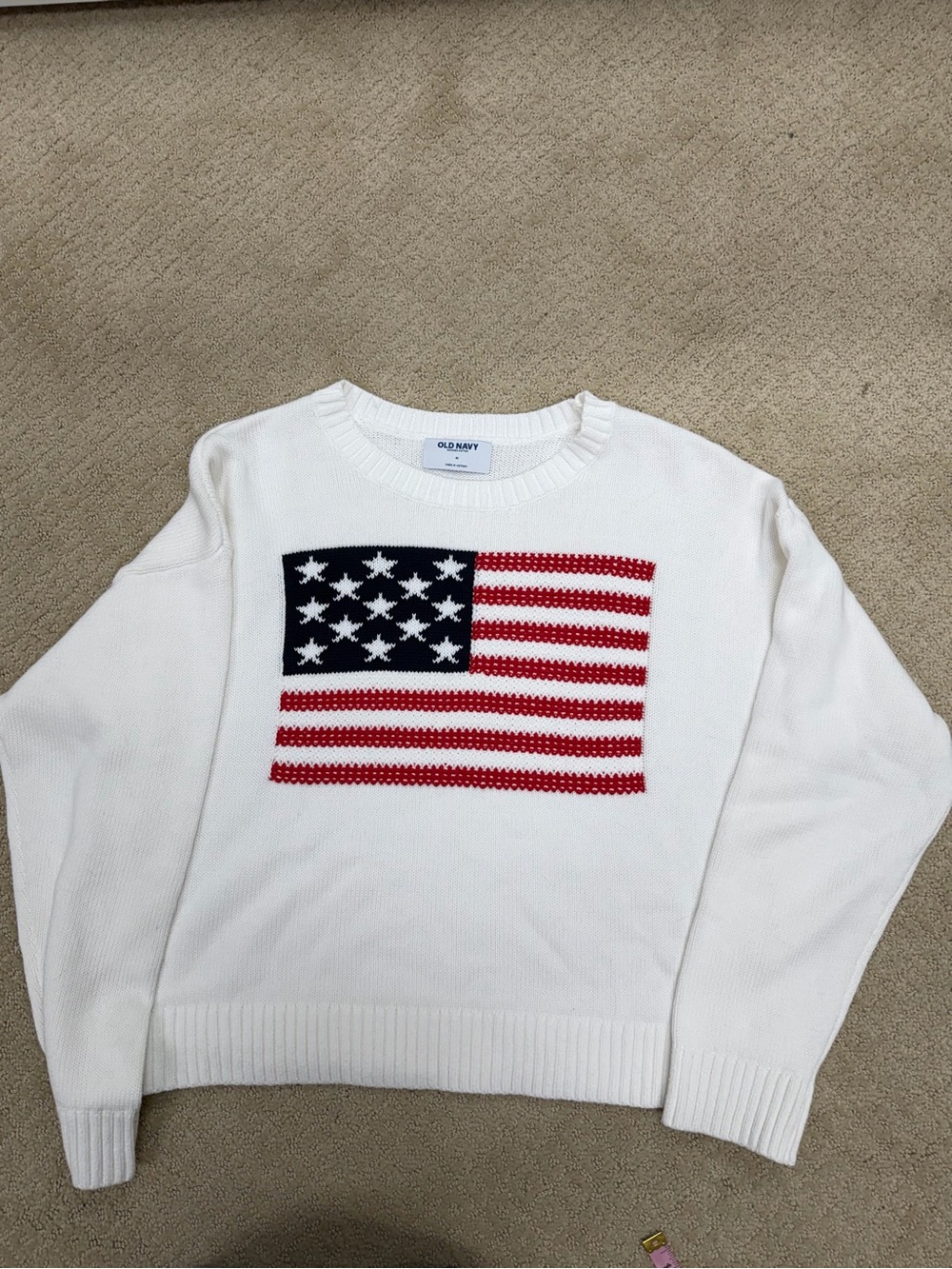 Old Navy White Crewneck Sweater with Red and Navy Flag Motif